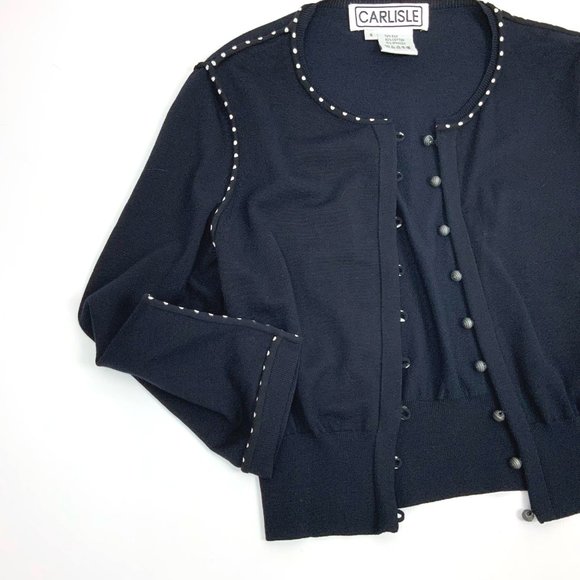 Vintage Carlisle Knit Silk Blend Crop Cardigan Polka Dot Trim Sz S - Picture 10 of 16